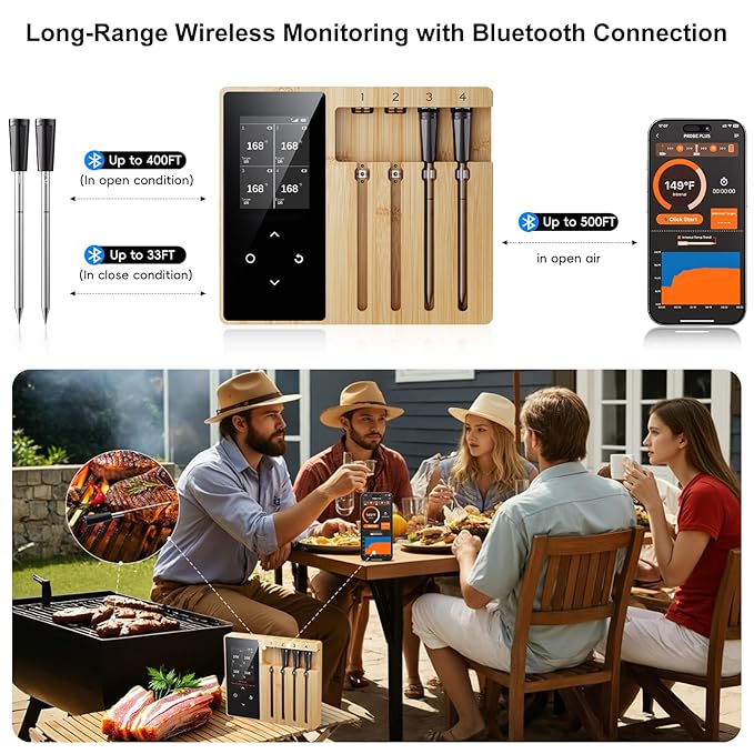 Newise 4 Probes Wireless Meat Thermometer, Bluetooth Digital Food Thermometer for BBQ, Grill, Oven, Smoker, Long Range and Rechargeable Base with Real-time Alerts, Cooking Gifts for Men