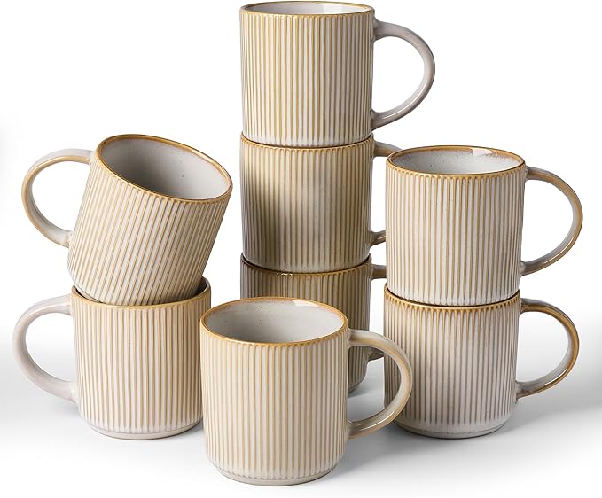 famiware Coffee Mug Set for 8, Star 12 oz Catering Mugs Cup Set with Handle for Coffee, Tea, Cocoa, Milk - Ceramic Stoneware Drinkware Set, Cappuccino White