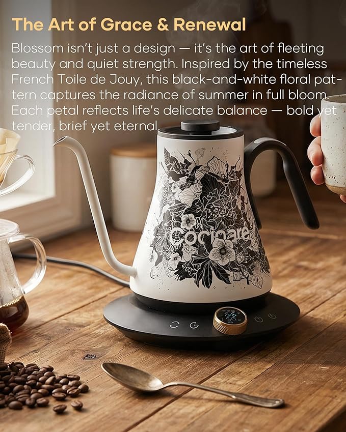 Cocinare Artisan Collection Blossom Gooseneck Electric Kettle, ±1℉ Precise Temperature Control for Pour-Over Coffee & Tea, Quick Heating 1500W, Stainless Steel Interior, 0.9L