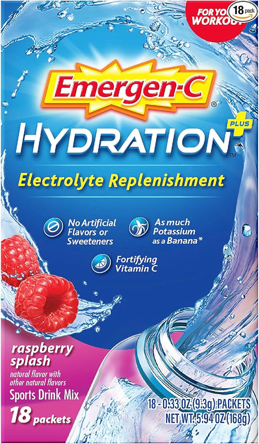 Emergen-C Hydration+ Sports Drink Mix With Vitamin C (18 Count, Raspberry Flavor), Electrolyte Replenishment, 0.33 Ounce Powder Packets