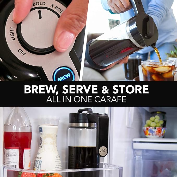 VINCI Express Cold Brew, Electric Cold Brew Coffee Maker in 10 minutes, Glass Carafe, 3 Brew Strength Settings & Cleaning Cycle, Easy to Use & Clean, Cold Brewer for Iced Coffee, 1.4 L Dial Control