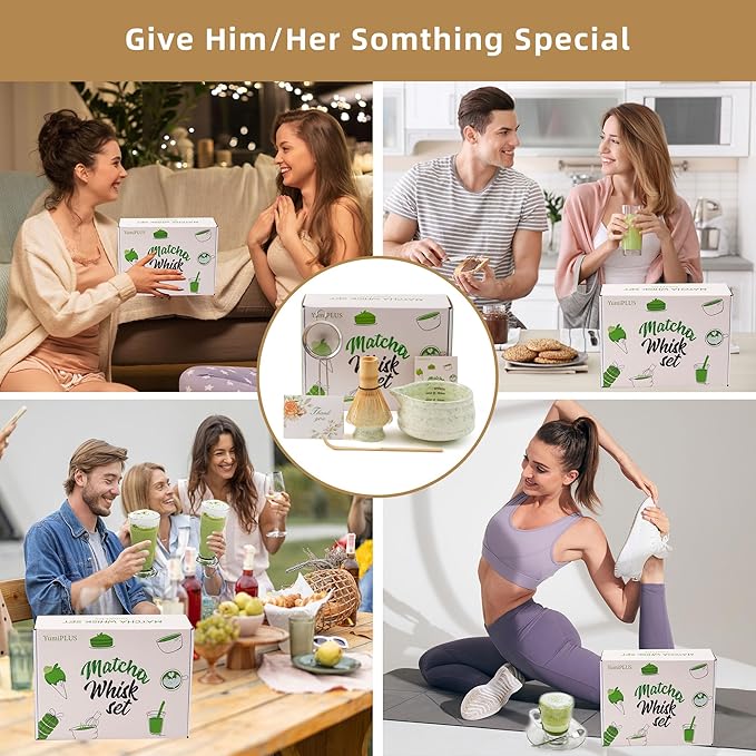 5pcs Premium Matcha Set,Ceramic Bowl with Spout and Bamboo Whisk set, Ceremonical Matcha Kit for breakfast/latte,Tea Starter Making Kit,Unique Matcha Gift set (green)