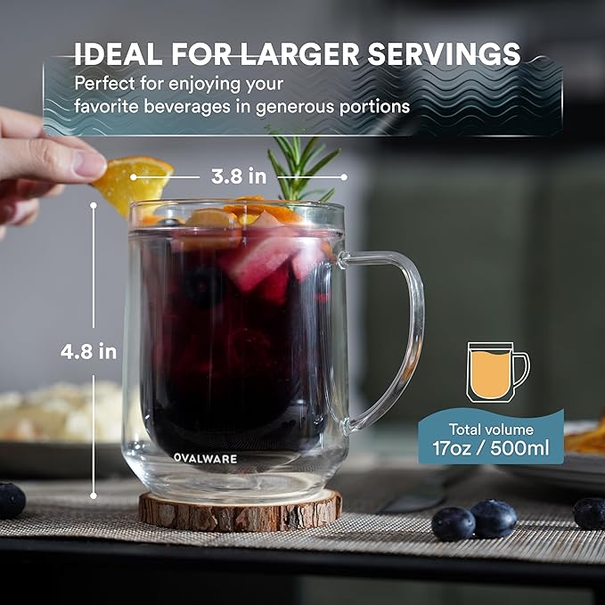 ovalware 500ml Double Wall Glass Coffee Mugs, Single Lip Mugs Made of Durable Borosilicate Glass, Insulated Coffee Mug with Handle for Hot and Cold Drinks - Clear