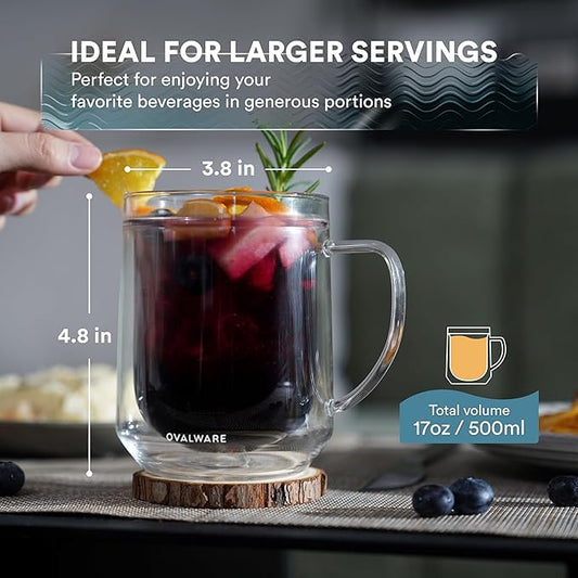 ovalware 500ml Double Wall Glass Coffee Mugs, Single Lip Mugs Made of Durable Borosilicate Glass, Insulated Coffee Mug with Handle for Hot and Cold Drinks - Clear