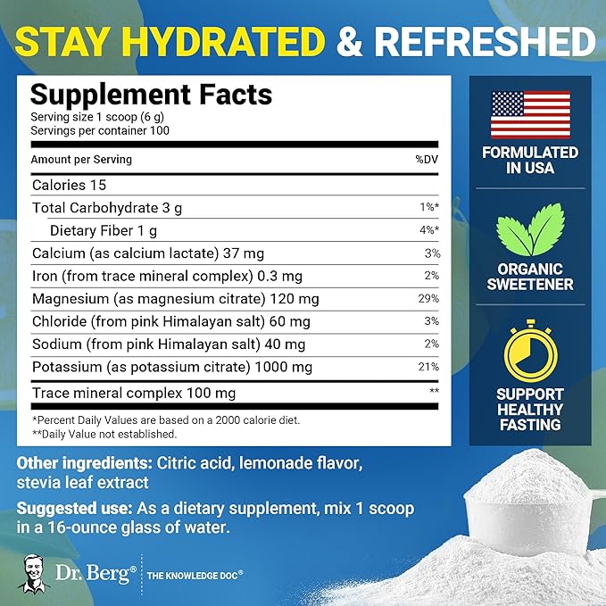 Dr. Berg Zero Sugar Hydration Keto Electrolyte Powder - Enhanced w/ 1000 mg of Potassium & Real Pink Himalayan Salt (NOT Table Salt) - Lemonade Flavor Hydration Drink Mix Supplement - 100 Servings