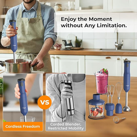 Rosewill 6-in-1 Multi-Speed Cordless Rechargeable Immersion Hand Blender, Heavy Duty Motor - Stick Blender, Beaker, Whisk, Chopper, Dual Beater, Milk Frother - For Smoothies, Baby Food, Soup - Blue