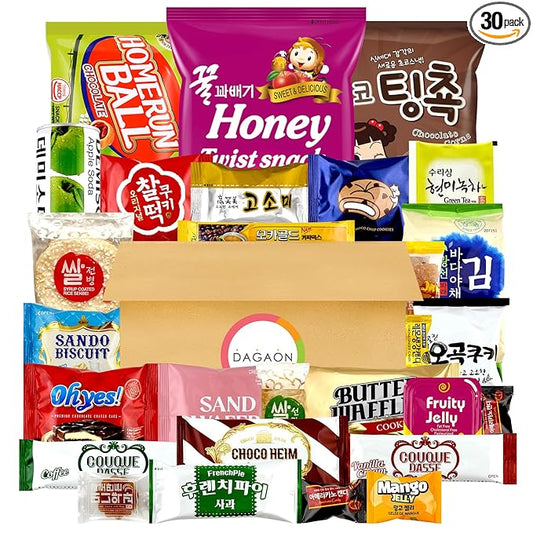 Dagaon Korean Snack Box 30 Count - Sweet and Savory Snacks. Variety of Korean Treats Including Chips, Biscuits, Cookies, Pies, Candies.. Assortment of Korean Snacks for Anyone.