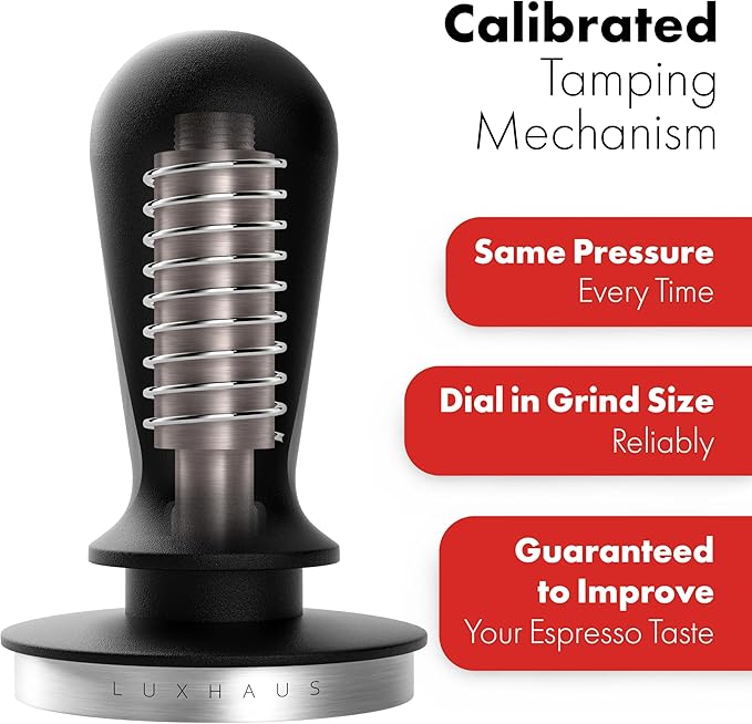 LuxHaus Calibrated Level Tamper for Espresso Machine with Spring Loaded 100% Flat Stainless Steel Base (53mm)
