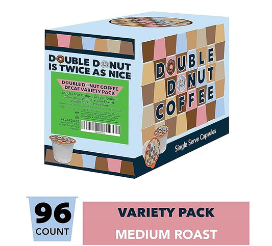 Double Donut Coffee Decaf Flavored Coffee Single Serve Cups For Keurig K Cup Brewer Variety Pack Sampler (96 count)