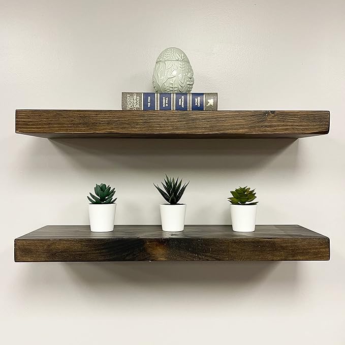 URBANDI, Rustic Floating Shelves, Set of 2, Hidden Bracket, Solid Wood, Heavy Duty, Wall Mounted Shelves, (Dark Brown, 24Wx8D)