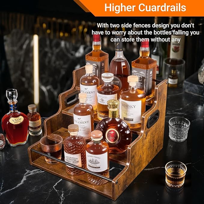 YQBRAO 4-Tier Liquor Bottle Display Shelf, Coffee Syrup Rack Organizer, Water Bottle Organizer, Mini Bar Cabinet, Rustic Bar Shelves for Liquor Whiskey, Spirits