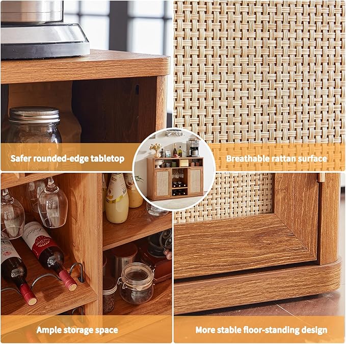 Lerliuo Rattan Wine Cabinet with 2 Doors, Boho Liquor Cabinet with Wine Racks, Farmhouse Coffee Bar Station for Living Room, Dining Room, Kitchen, Tea Brown