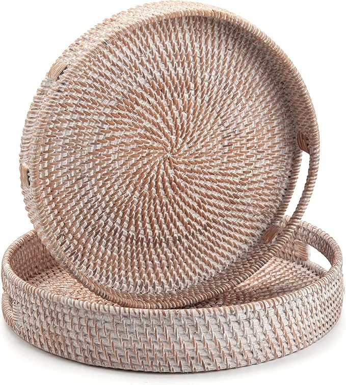 2 Pack Round Rattan Tray, Hand Woven Serving Tray with Handles, Wicker Serving Basket, Decorative Tray for Home Decor, Whitewash (11.8 + 14 inch)