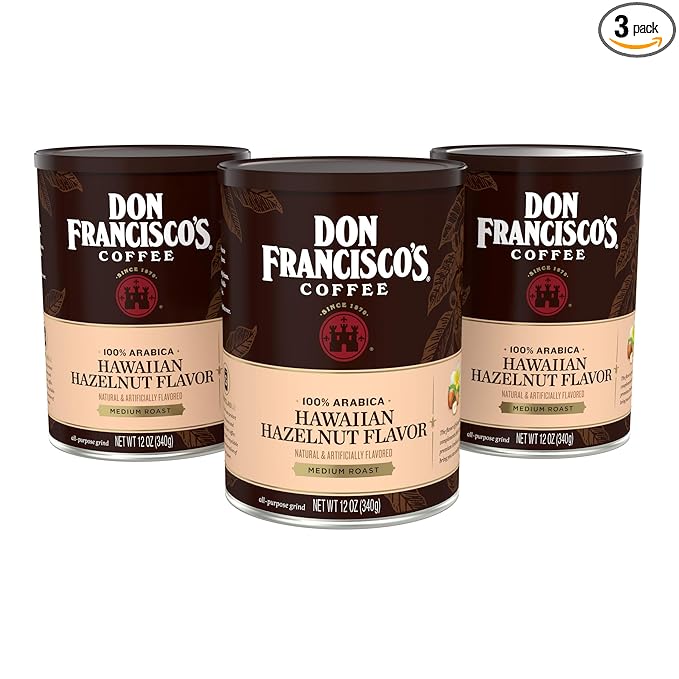 Don Francisco's Hawaiian Hazelnut Ground Flavored Coffee: Rich, Aromatic 100% Arabica Beans - (3 x 12 oz Recyclable Cans)