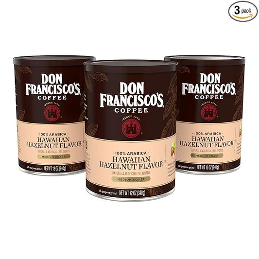 Don Francisco's Hawaiian Hazelnut Ground Flavored Coffee: Rich, Aromatic 100% Arabica Beans - (3 x 12 oz Recyclable Cans)