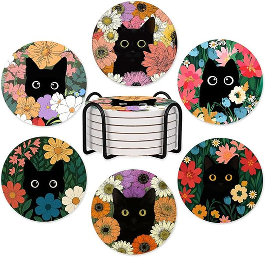 6Pcs Black Cat Coasters with Holder, Cute Floral Cat Ceramic Drink Coaster for Kinds of Cups Coffee Table Decor Cats Lover Gifts