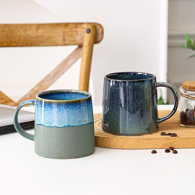 Mkour 20oz Large Ceramic Coffee Mugs, Handmade Cup, Big Tea Cups with Large Handle for Office and Home, Microwave and Dishwasher Safe (Blue Grey)