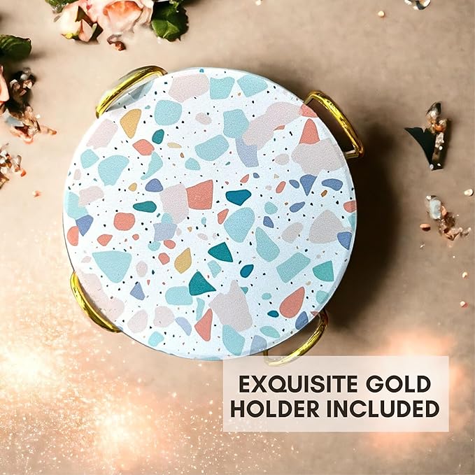 Terrazzo Drink Absorbent Coasters with Holder Set of 6, Ceramic Coaster for Drinks, Coffee Table Decor, Water Absorbing Stone Coaster for Drinks (Pastel)