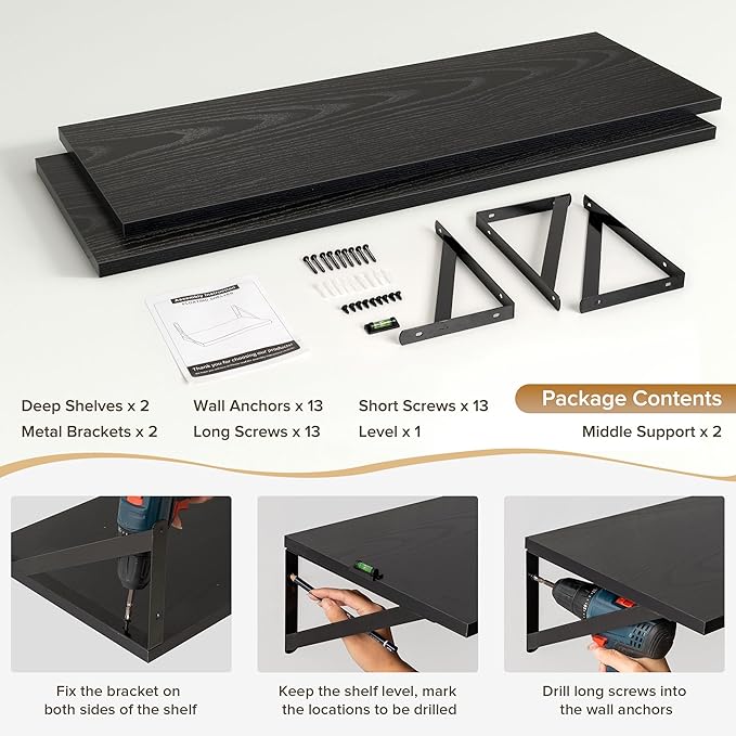 Deep Floating Shelves Wall Mounted, 36"x12" Black Wall Shelves with Brackets Set of 2 for Bedroom, Living Room, Bathroom, Kitchen, Office - Storage & Display Shelf for Decor, Books, Plants