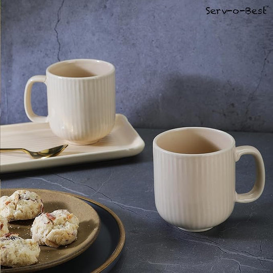 Ceramic Coffee Mugs with Handle Set – 2-Piece 11 Oz Ceramic Coffee Cups & 9" Tray, Handmade Ivory Color, Microwave Safe Gift Set for Tea Lovers, Home Kitchen Décor