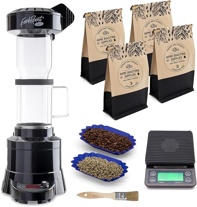 Fresh Roast Coffee Roaster Bundle SR800, Glass Extension Tube, Pour Over Digital Scale, (4lbs) Sample Pack of Green Beans, (2-Pack) Sample Trays, Chaff Brush