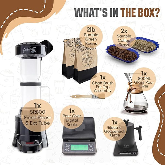 Fresh Roast Coffee Roaster Bundle SR800, Glass Extension Tube, Pour Over Digital Scale, 800ML Glass Pour Over, Electric Kettle, (2lbs) Sample Pack of Green Beans, (2-Pack) Sample Trays, Chaff Brush