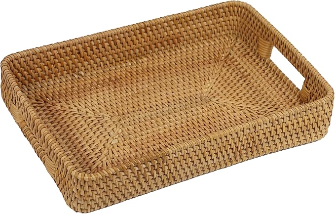Rattan Serving Tray, Rectangle Coffee Table Tray with Handles, Decorative Ottoman Tea Tray Wicker Basket for Coffee, Bread, Fruits, Snacks, Breakfast, Drinks, Table Decor