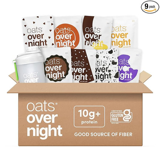 Oats Overnight Dessert Variety Pack - High Protein, High Fiber Breakfast Protein Shake - Gluten Free, Non GMO Protein Oatmeal - Salted Toffee, Chocolate Satin Pie & More (8 Pack + Shaker Bottle)