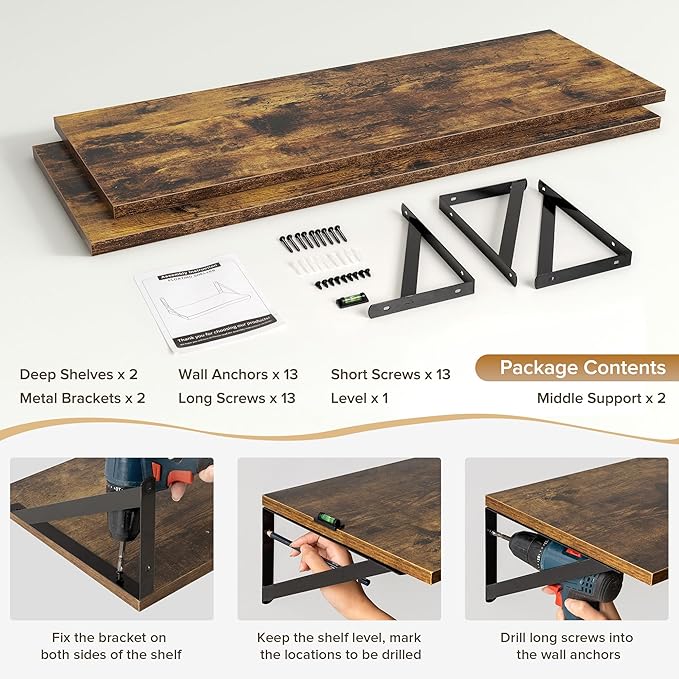 Deep Floating Shelves Wall Mounted, 36"x12" Brown Wood Shelves with Brackets Set of 2 for Bedroom, Living Room, Bathroom, Kitchen, Office - Storage & Display Shelf for Decor, Books, Plants