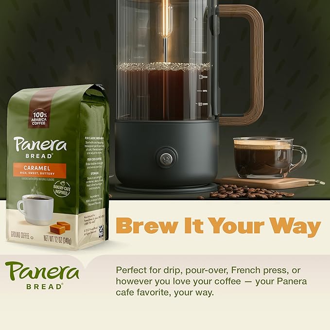 Panera Caramel Light Roast Ground Coffee, 100% Arabica, Naturally Flavored Caramel, Rich Buttery Taste, Sustainably Sourced, 12oz Bag Pack of 6 (72 oz Total)