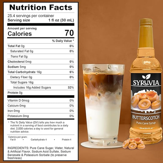 Syruvia Butterscotch Coffee Syrup - 25.4 fl oz Premium Coffee Flavoring Syrup - Kosher Coffee Syrups, Gluten Free, No Coloring, Perfect for Drinks, Soda, Shakes, and More With Pump