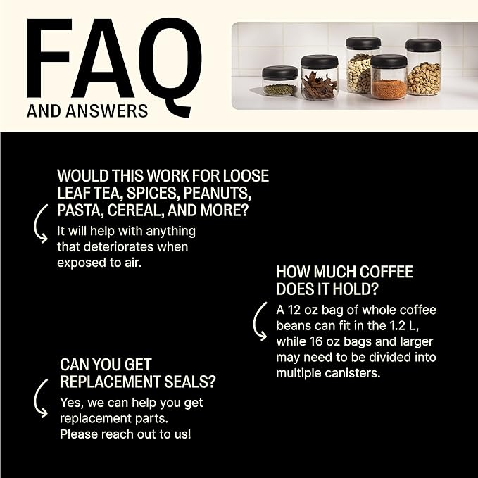 Fellow Atmos Vacuum Coffee Canister & Food Storage Container - 0.4 Liter Canister holds up to 6 oz of Coffee Beans - Airtight Food Storage Containers - Coffee Containers - 0.4 Liter - Clear Glass