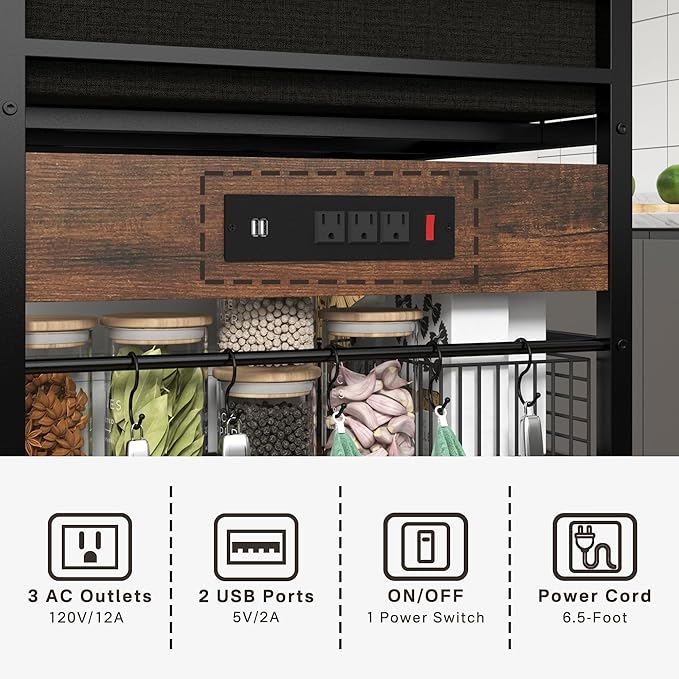 Kitchen Island with Storage,Industrial Kitchen Island on Wheels,Rolling Kitchen Island Cart with Power Outlet,Modern Island Table for Kitchen with Drawers,Shelves and Baskets,Rustic Brown