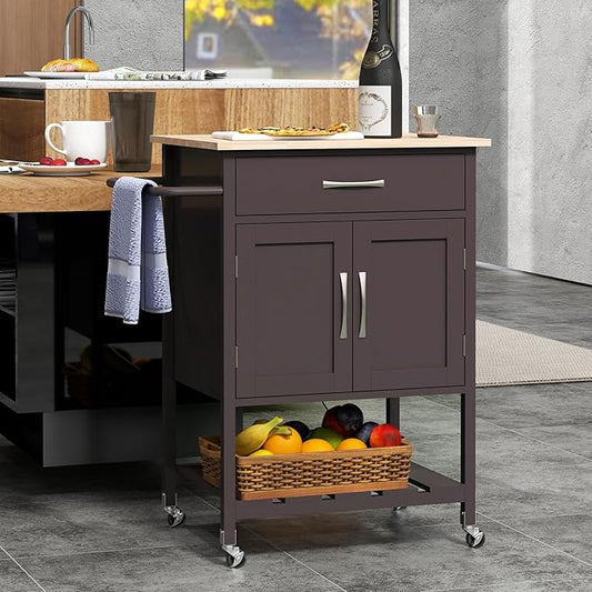 Giantex Rolling Kitchen Island Cart, Mobile Serving Cart with Drawer, 2-Door Storage Cabinet, Storage Shelf, Towel Rack, Food Prep Utility Cart on Wheels for Dining Room, Living Room (Brown)