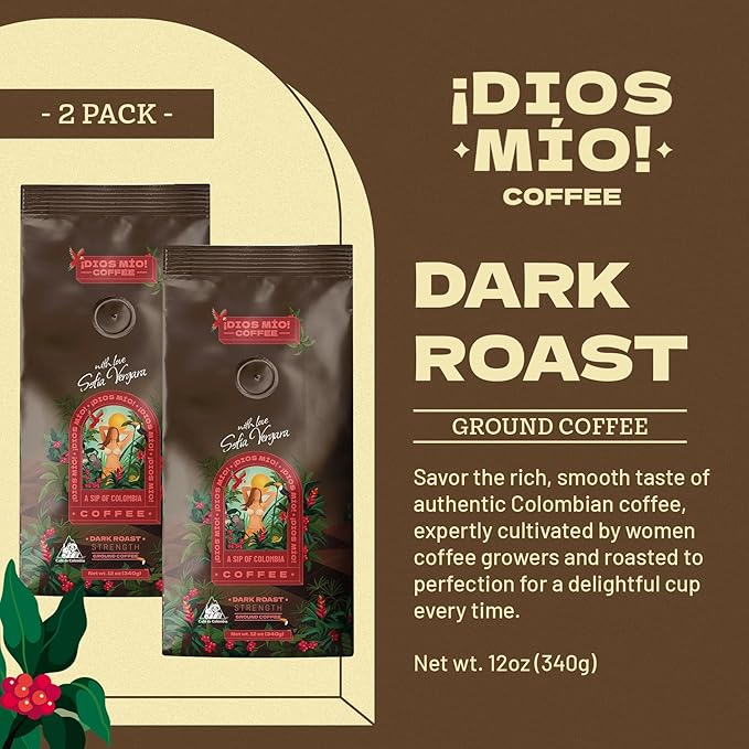 Dios Mio Coffee by Sofia Vergara, Dark Roast, Ground Premium Colombian Coffee, 12 Ounce Bag (Pack of 2)