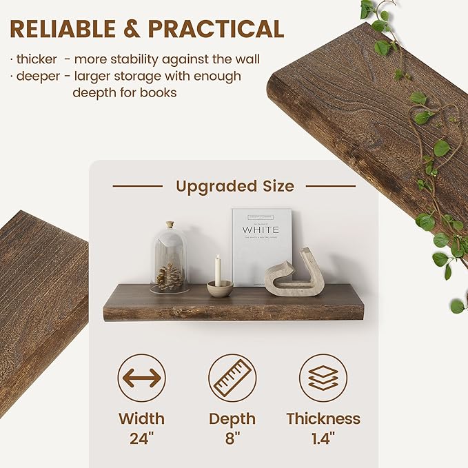 Live Edge Elm Floating Shelves for Wall Decor, Rustic Solid Wood Shevles Wall Mounted with Invisible Bracket for Living Room Bathroom Bedroom Kitchen, 24 Inch Set of 2, Walnut