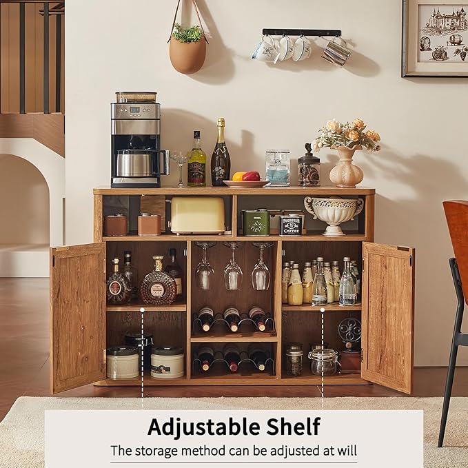 Lerliuo Rattan Wine Cabinet with 2 Doors, Boho Liquor Cabinet with Wine Racks, Farmhouse Coffee Bar Station for Living Room, Dining Room, Kitchen, Tea Brown