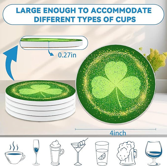 Drinks Coasters Set of 4, St. Patrick's Day Green Round 4" Cup Coasters, Absorbent Ceramic Stone Coasters with Cork Base, Cute Coasters for Table Home Décor, Ideal Gifts for Women Men