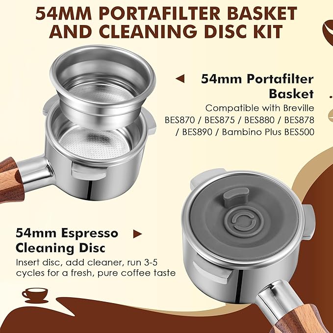 Dunkive 1 Pack 54mm Dual Wall Portafilter Basket Compatible with Breville Espresso Machines BES860XL/11.41, BES870, BES880, BES875, Two Cup Dual Wall Filter Replacement (Single Port,Grey)