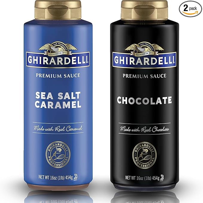 Ghirardelli Flavored Sauce Variety Pack | 16 oz Bottles (Pack of 2) | Chocolate and Sea Salt Caramel Dessert Toppings for Coffee Drinks, Ice Cream, and Baking Recipes