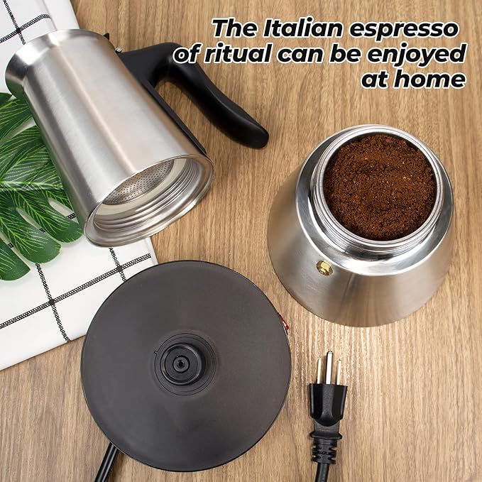 Vaolvpant Electric Stainless Steel Moka Pot 6 Cup 300ml Mocha Pot Espresso Maker with Detachable Base Ideal Coffee Maker for Home Italian and Cuban Café Coffee maker Espresso maker Coffee Pot