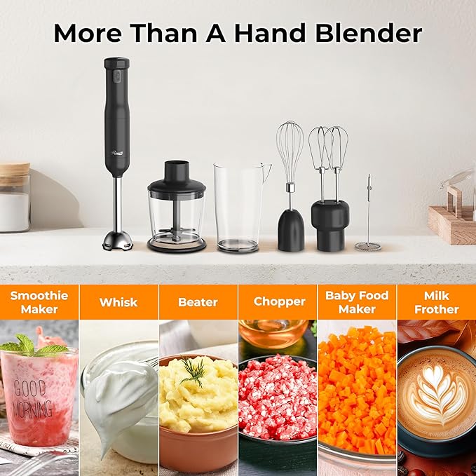 Rosewill 6-in-1 Multi-Speed Cordless Rechargeable Immersion Hand Blender, Heavy Duty Motor - Stick Blender, Beaker, Whisk, Chopper, Dual Beater, Milk Frother - For Smoothies, Baby Food, Soup - Black