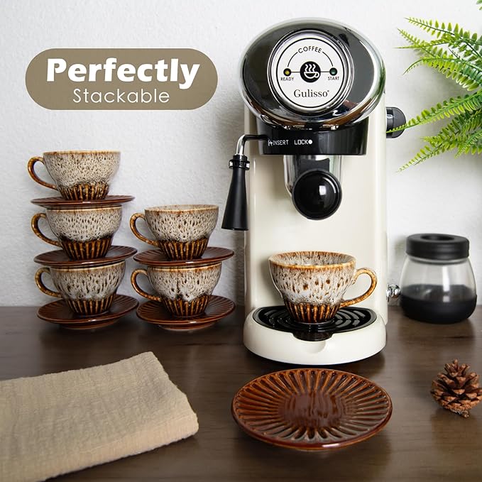 YINUOWEI 2 oz Espresso Cups Set of 6, Ceramic Cappuccino Cups with Saucers, Stackable Coffee Cup for Macchiato, Single shot, Tea, Coffee Lover Gifts, Glazed White