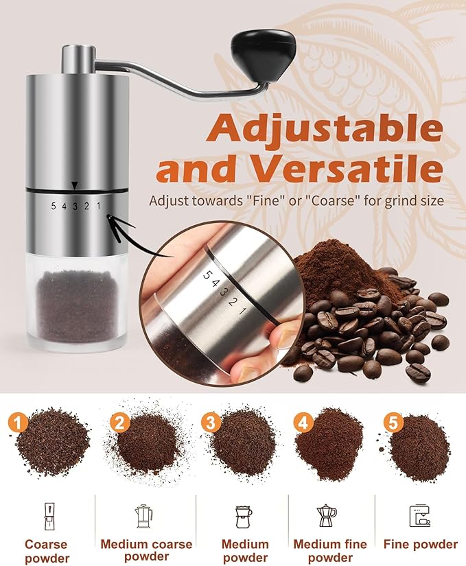 Rsoilch Manual Coffee Grinder | Ceramic Burr | 5 Grind Settings | Stainless Steel | Espresso to French Press