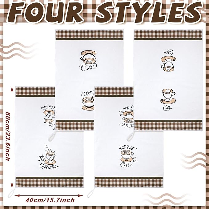 Ferraycle 4 Pieces Kitchen Dish Cloths Coffee Kitchen Hand Towels Absorbent Tea Towels 24 x 16 Inches, Cafe Lover Gift Bar Decorative Dish Cloths Rags, for Farmhouse(Mainly White,Cup Pattern)