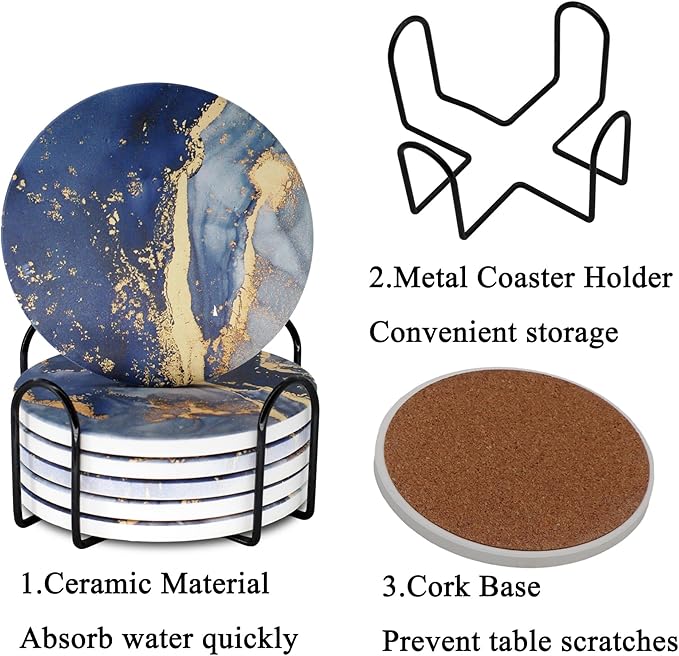 Navy Blue Marble Ceramic Coasters with Holder Absorbent Drink Coaster Set Outdoor Round Abstract Cute Table Decorative Coffee Cup Beverage Fun Wine Beer Bar Gold Housewarming 6 Pack