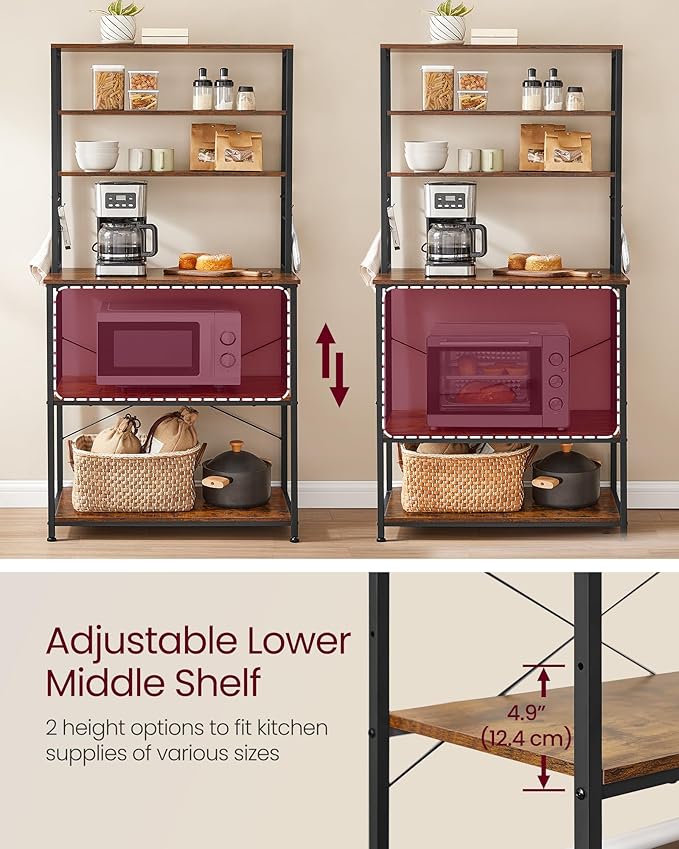 VASAGLE Bakers Rack with Power Outlet, 31.5 Inches Coffee Bar for Kitchen with Storage, 6-Tier Kitchen Shelves with 6 Hooks, Microwave Stand, Industrial, Rustic Brown and Ink Black UKKS119K01