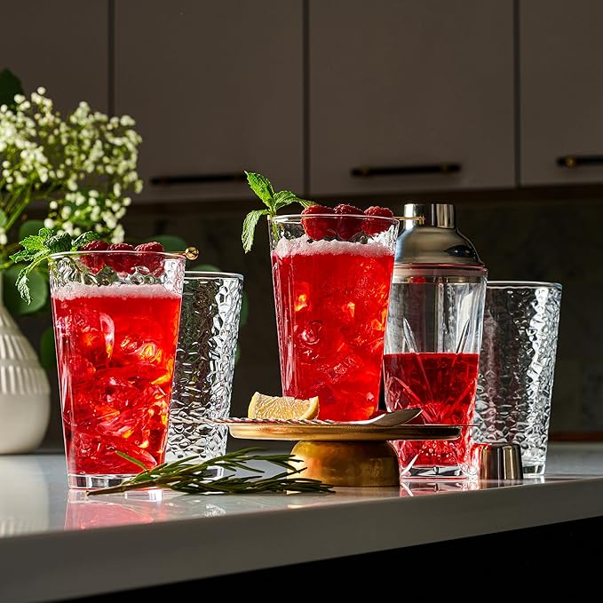 Set of 10 Hammered Glass Cups, 16oz. Dishwasher Safe Cocktail Drinking Glasses - Clear Heavy Base Stemmed Water Glasses, Tall Beer Glasses, Bar Glass, Juice, Iced Tea, Margarita, & Everyday Drinks