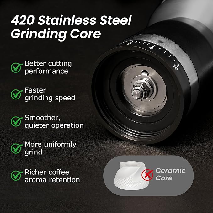 VEVOK CHEF Manual Coffee Grinder 10 External Adjustment Fashion Bean Grinder Stainless Steel Double Bearing Conical Burr Portable Hand Coffee Mill for Home,Camping,Silver