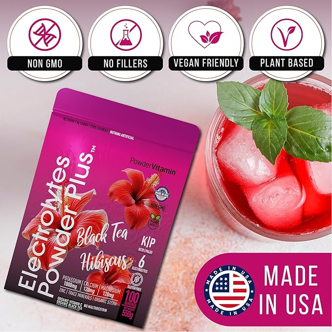 PowderVitamin Electrolytes Powder Plus (100 Servings) Black Tea Hibiscus Electrolyte Powder Keto, Sugar Free, Pink Himalayan Salt,1000mg Potassium,120mg Calcium,120mg Magnesium, Hydration Powder